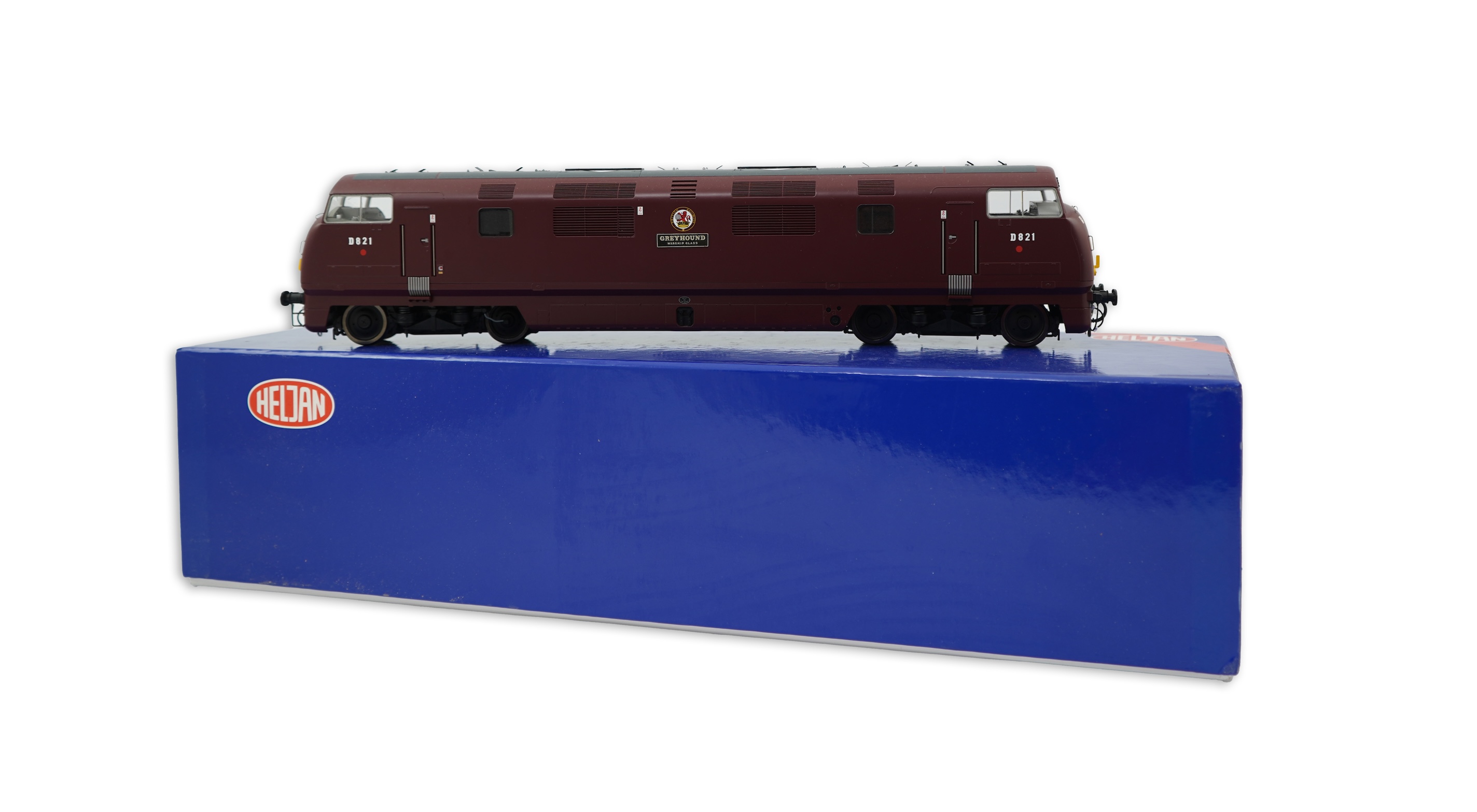 An 0 Gauge Heljan model of BR Warship Class Greyhound D821 Bo-Bo diesel hydraulic locomotive, powered for two rail operation, with original box and operating leaflet.